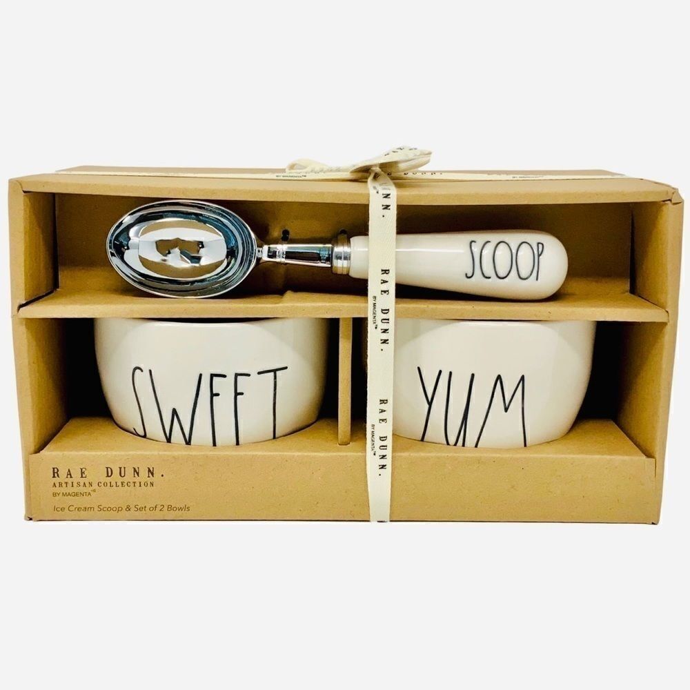 Rae Dunn “Yum”& “Sweet Ice cream Bowl w/Scoop set.